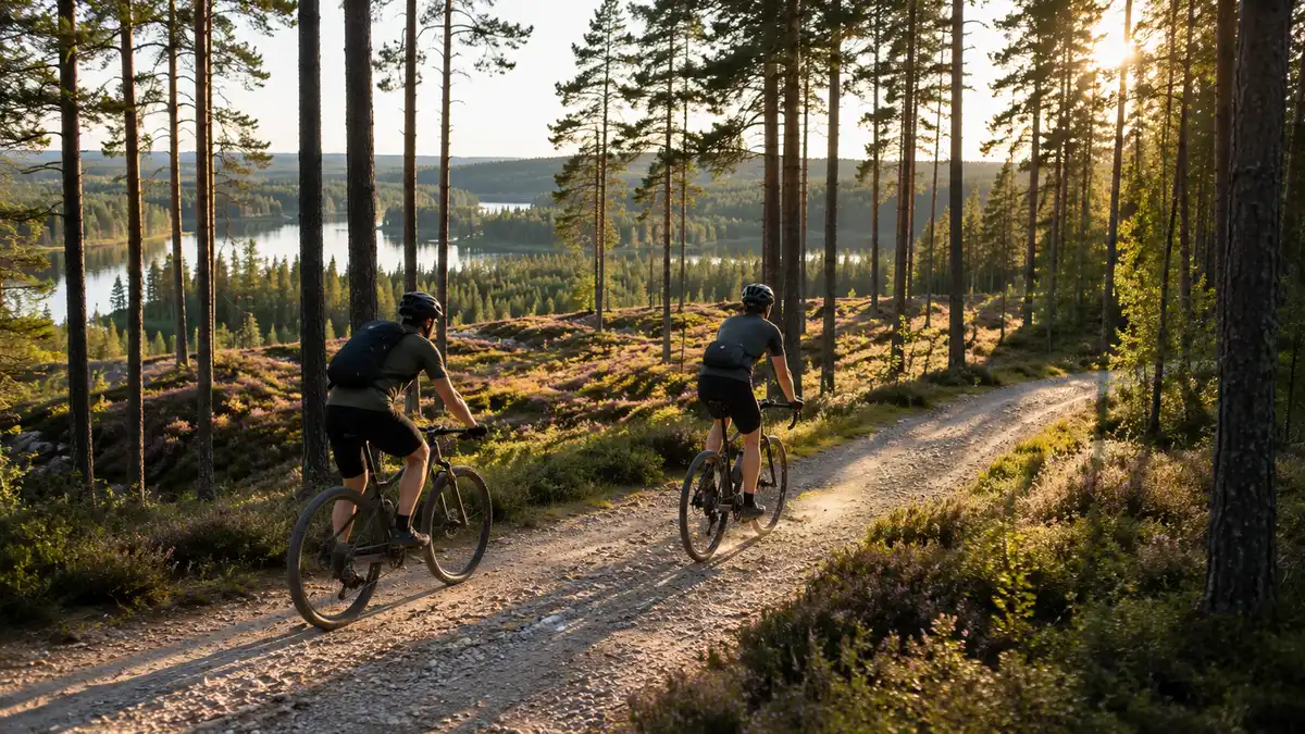 Eesti parimad rattarajad — kaks ratturit sõidavad kruusasel metsateel läbi männimetsa, taustal järved
