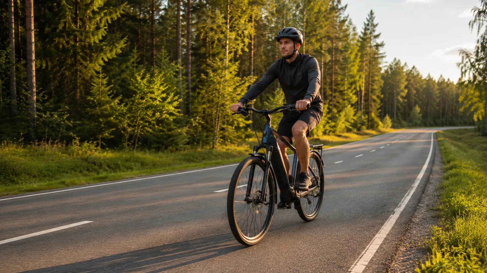Mees sõidab elektrirattaga metsateel