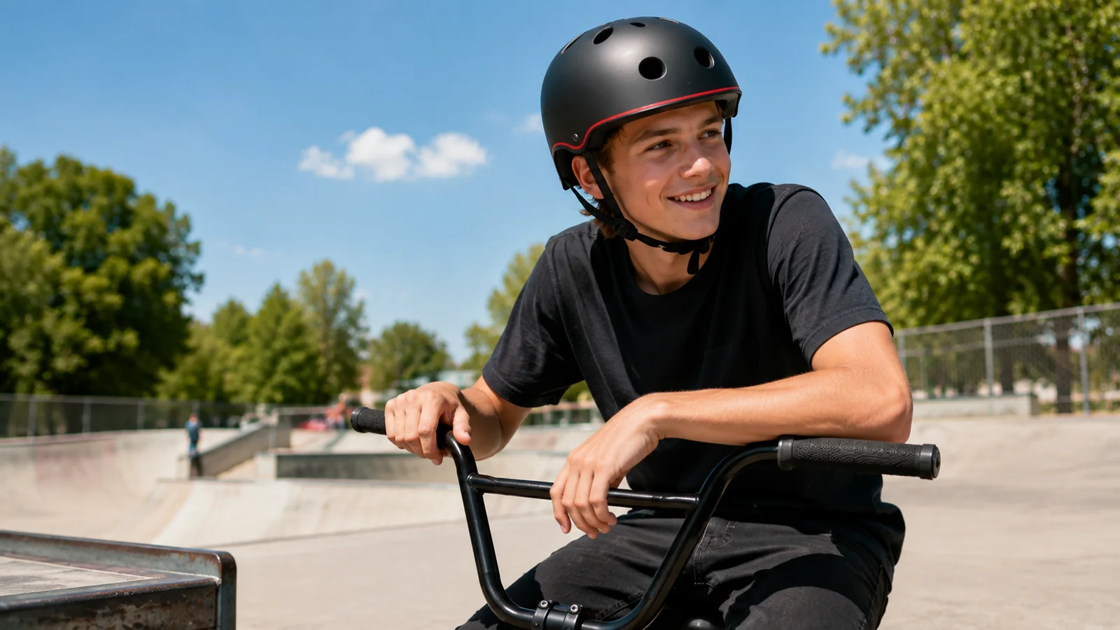 BMX-kiiver – noor sõitja ümara BMX-kiivriga trikiratta seljas skatepargis