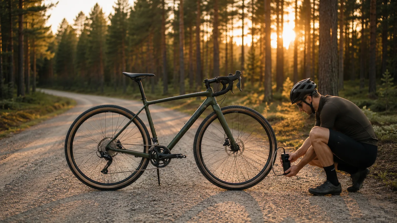 CYCPLUS elektripump – rattur pumpab metsatee ääres gravel-ratta rehvi