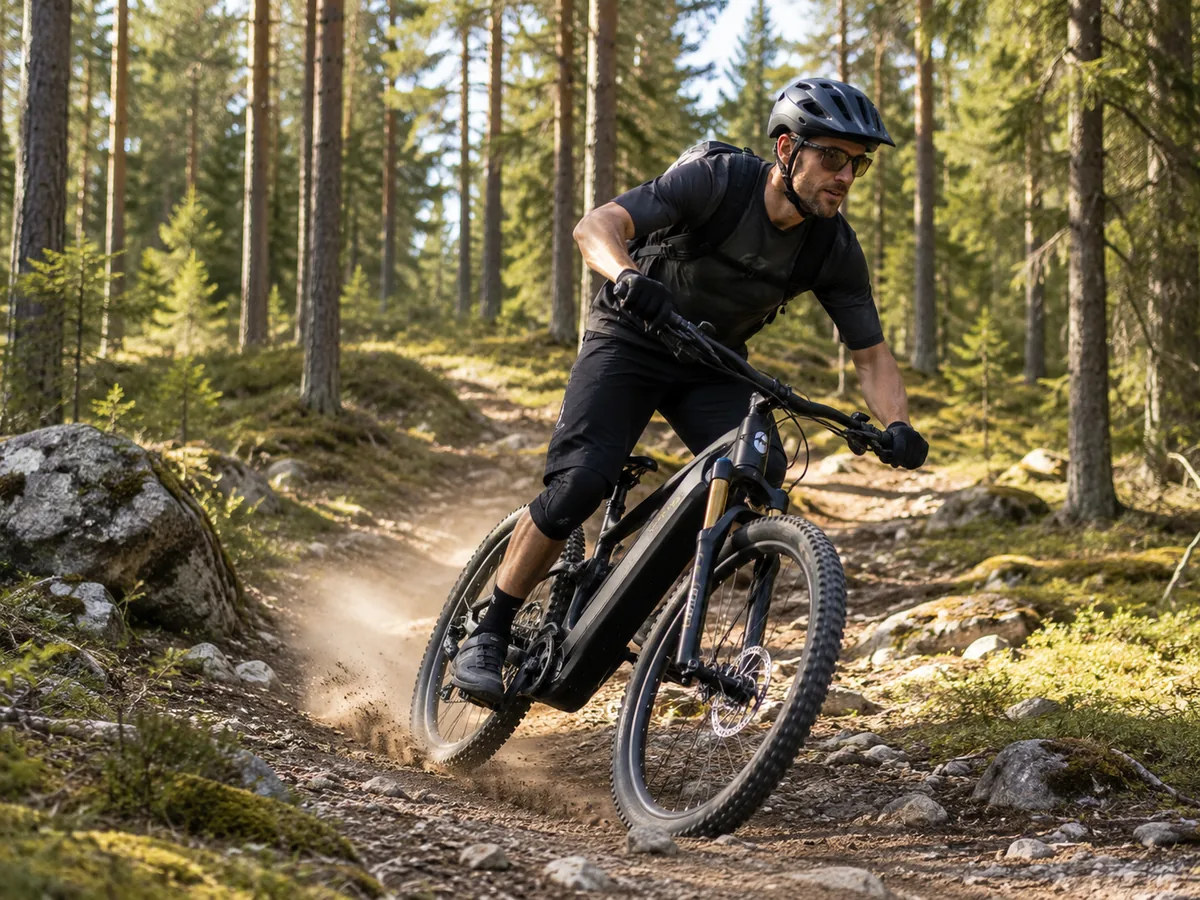 Rattur sõidab elektrilist maastikuratast (e-MTB) metsarajal