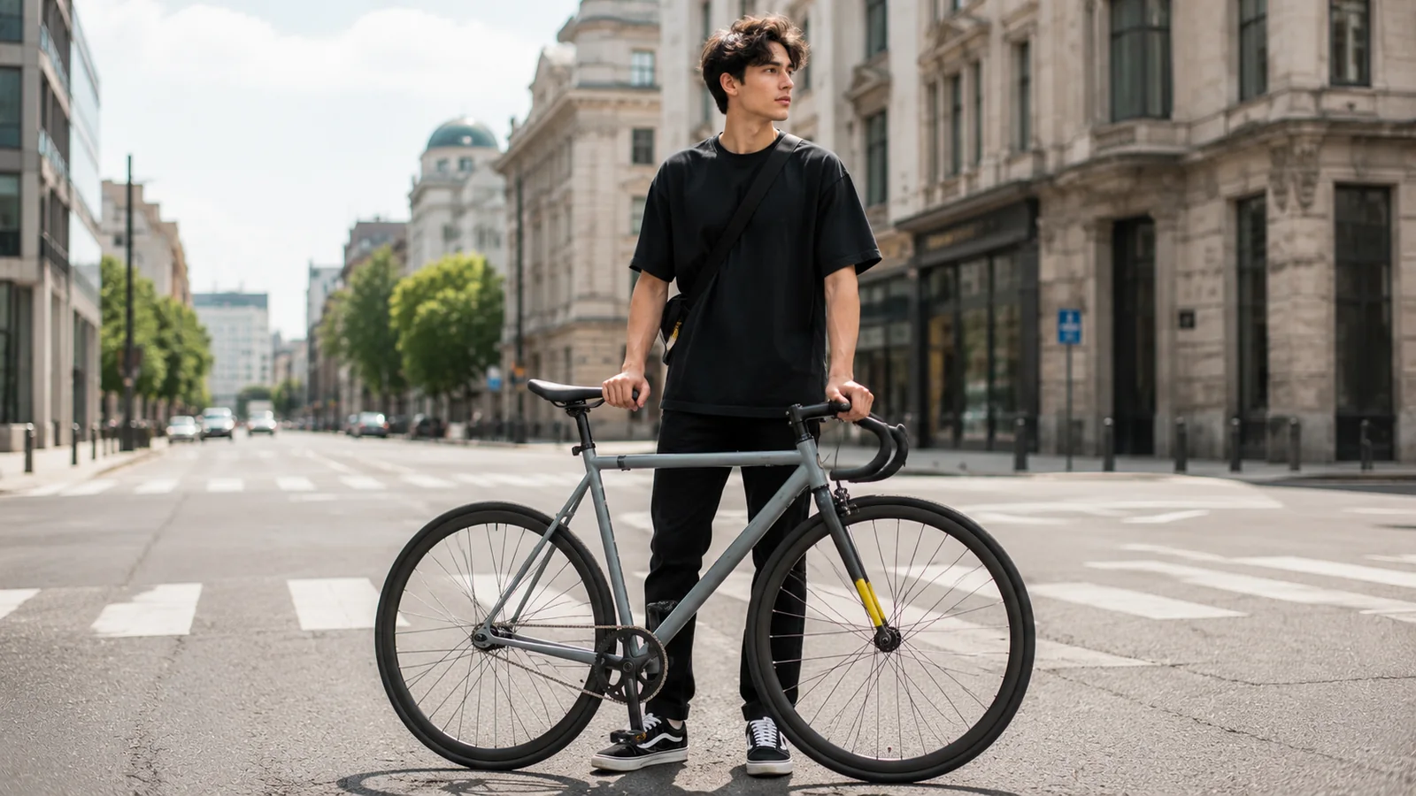 Noor mees linnas fixie ühekäigulise rattaga