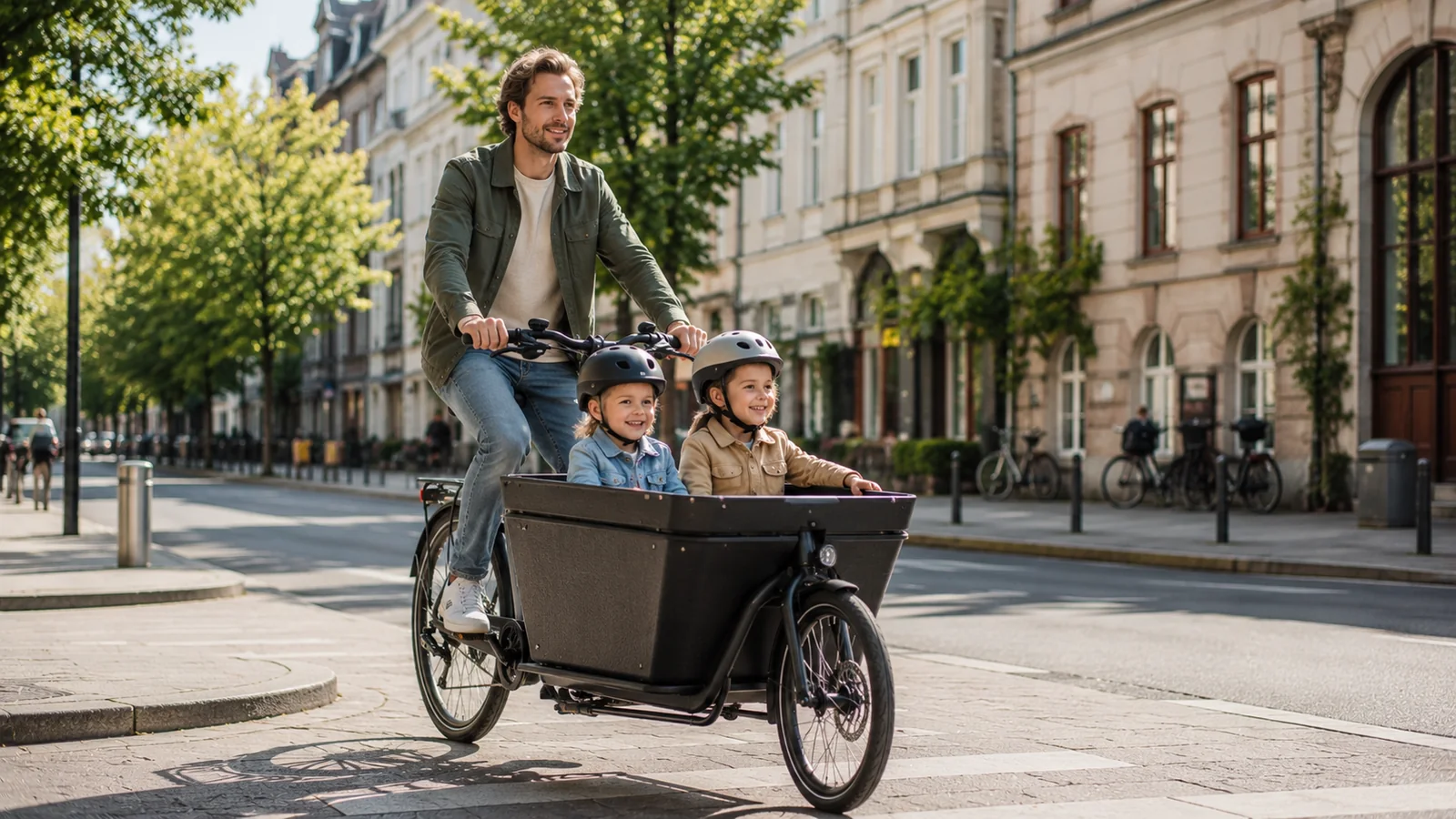 Isa kahe lapsega elektrilise kastirattaga linnas