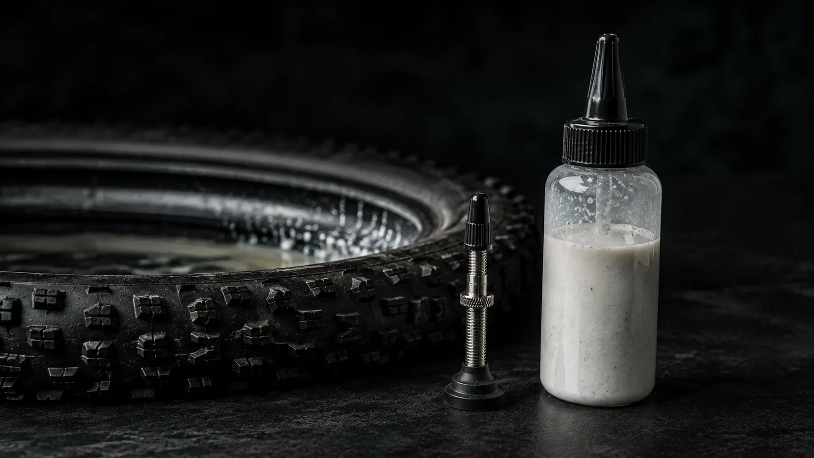 Pudel tubeless-rehvipiima jalgratta rehvi kõrval