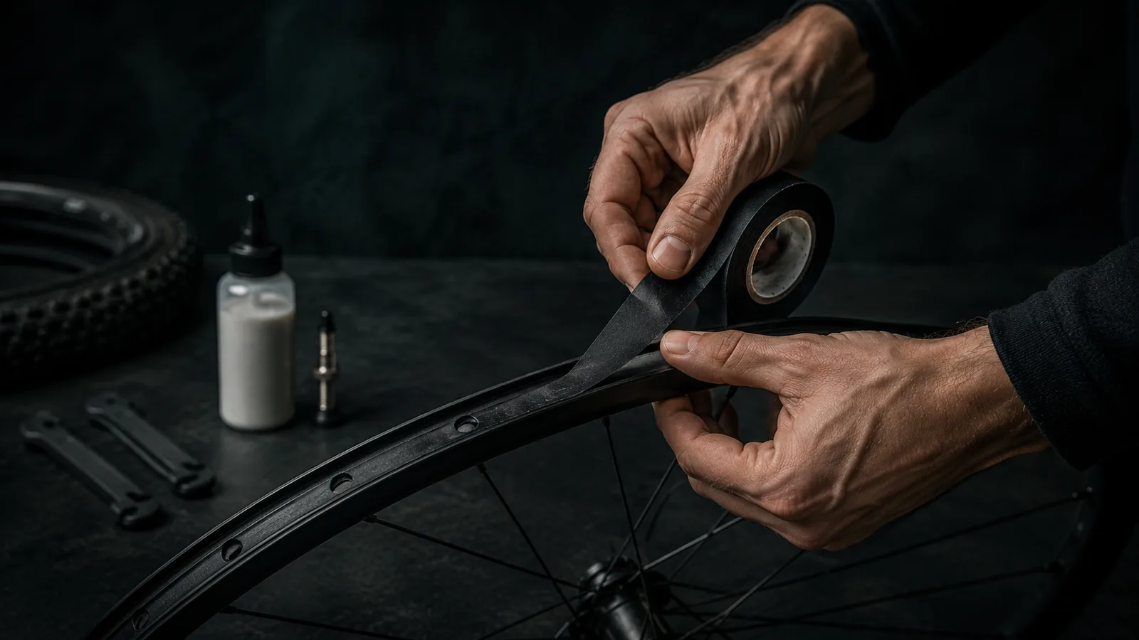 Tubeless-veljeteibi rull jalgratta velje kõrval