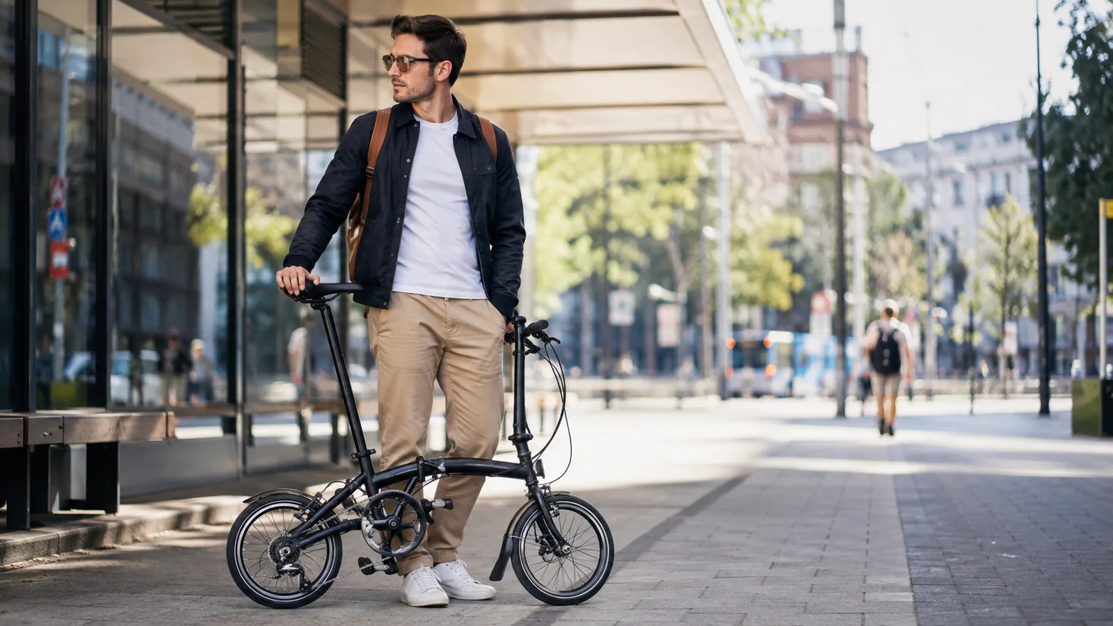Inimene kokkupandava jalgrattaga linnas ühistranspordi juures