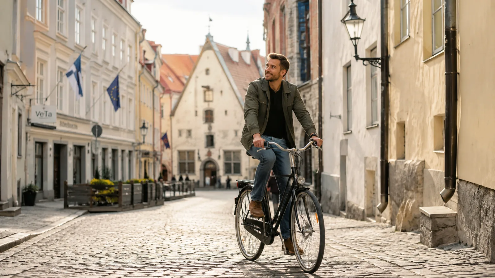 Mees sõidab meeste linnaratast Tallinna vanalinna munakiviteel