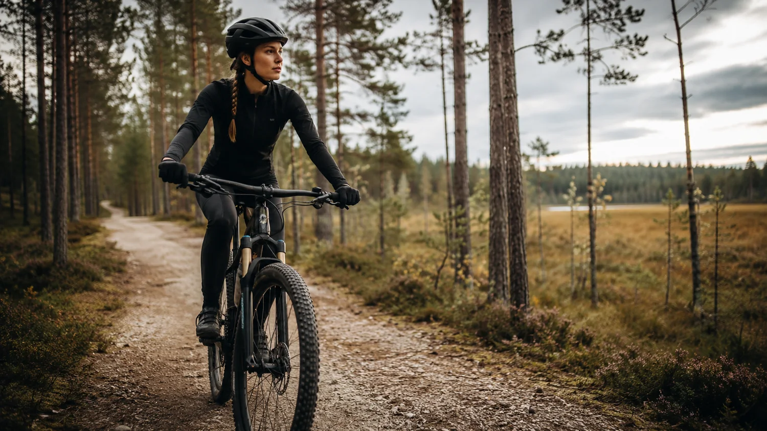 Naine maastikurattal Eesti metsateel rabaserva ääres