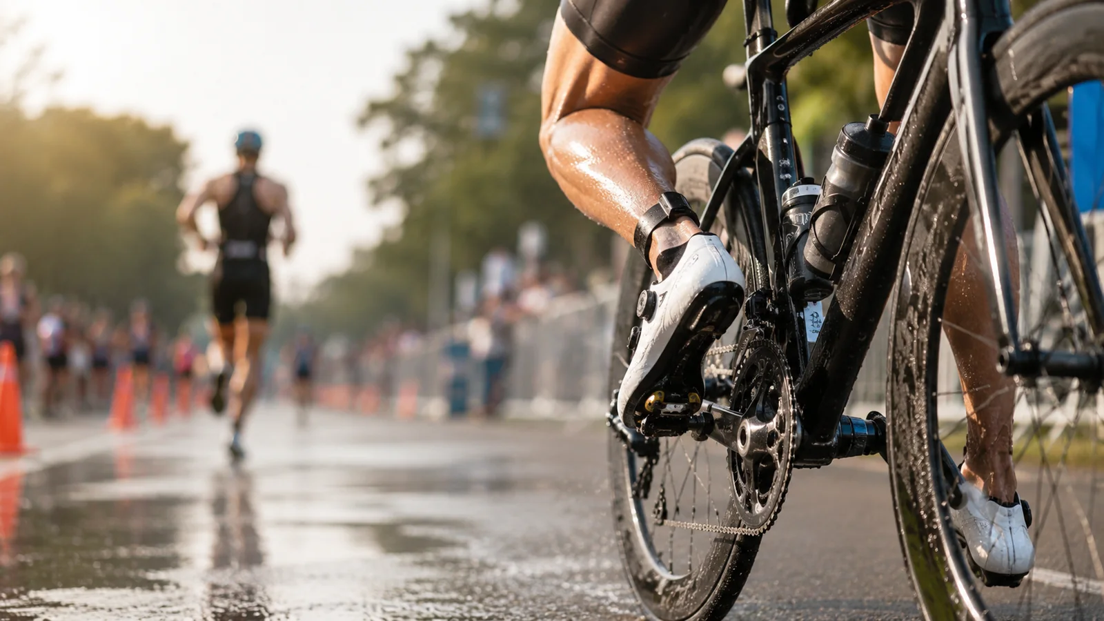 Triatleet maanteedistantsil, valge triatloniking pedaalil